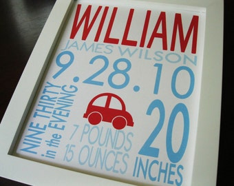 Birth Print Baby Boy Nursery Wall Art CAR 8 x 10 WILLIAM