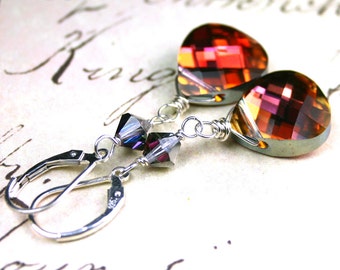 ON SALE - Long Swarovski Briolette Crystal Earrings in Rose Volcano - OOAK - Wire Wrapped Swarovski Crystal and Sterling Silver Leverbacks