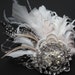 Vintage wedding feather rhinestone fascinator with tulle, Bridal fascinator, Wedding head piece beige nude cream Ivory pearl tulle netting
