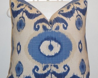 Decorative Pillow Cover - Throw Pillow - Accent Pillow - Blue - Natural - IKAT