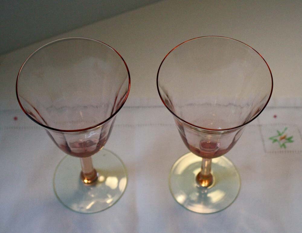 Pink Depression Glass Stemware with Green Stems 2 Water or