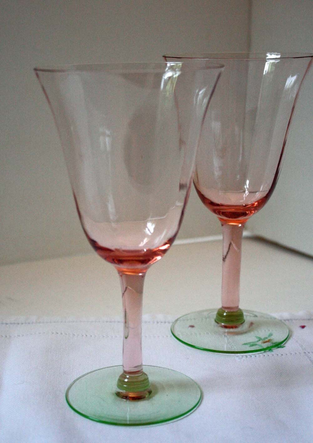 Pink Depression Glass Stemware with Green Stems 2 Water or