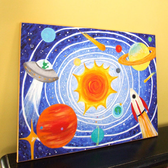 Kids Art SOLAR SYSTEM No.2 24x18 Acrylic Canvas Childrens