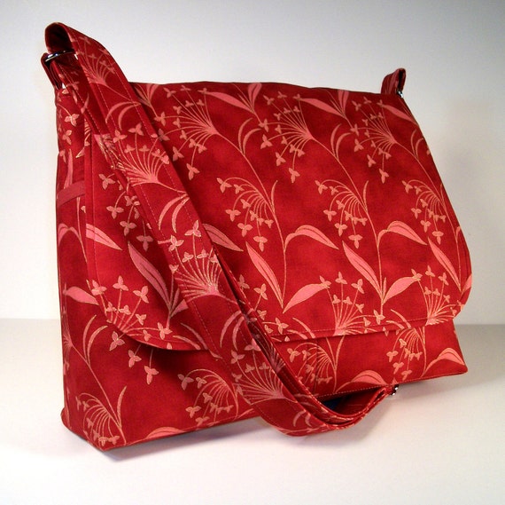 Messenger Bag Brick Red Cotton with Pink by JHFabricCreations