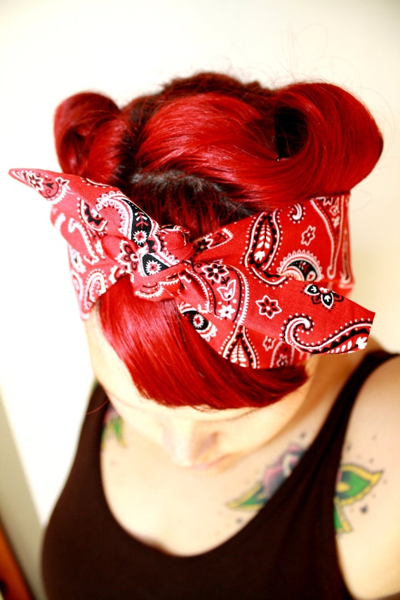 Vintage Inspired Head Scarf Bandana Style Red Paisley