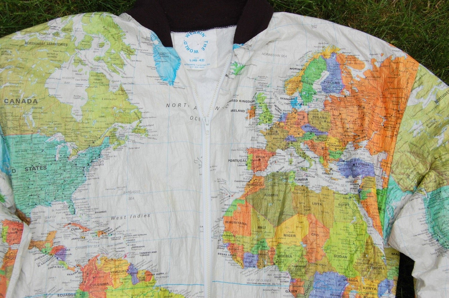 Vintage 80s Neon Wearin The World Earth Map Globe Tyvek Jacket