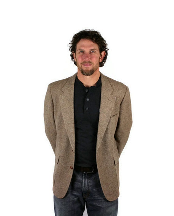 Vintage Mens Suit Coat Tweed Wool Herringbone Camel Professor