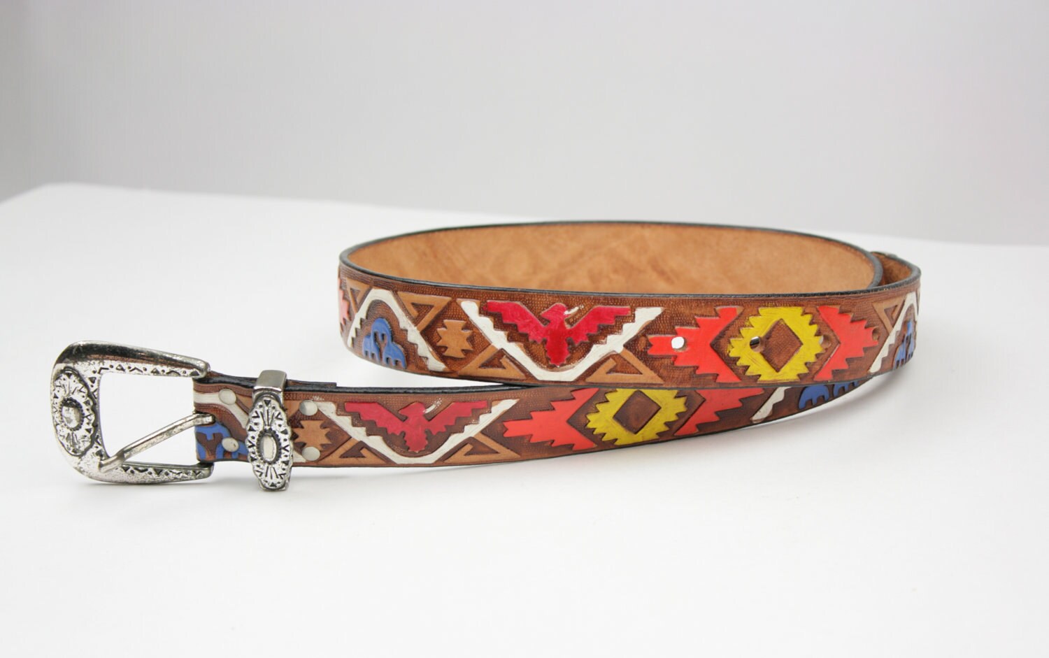 Vintage Belt Leather Tribal Native Hand Painted by BohemePeasantry