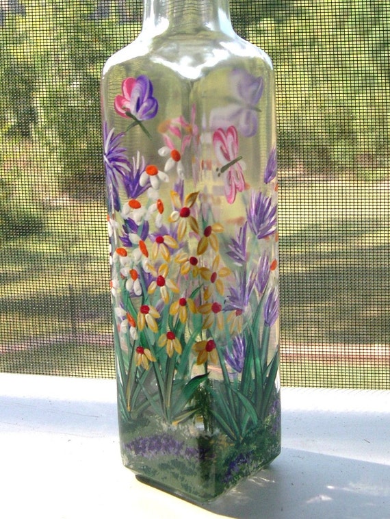 Hand Painted Glass Garden Flower and Butterfly Soap Bottle