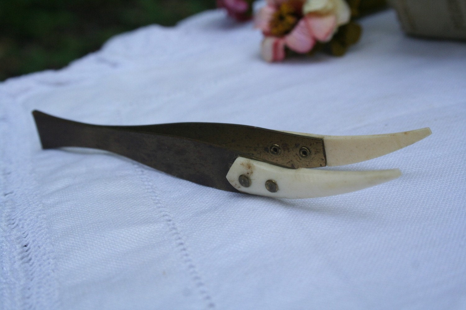 antique tweezers . pharmaceutical . brass and ivory