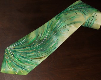 Handpainted silk necktie with green waves designer's neck tie gift for him