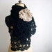 Dark Blue Lacy Hand Knit Scarf with Large Neutral Flower Pin Brooch