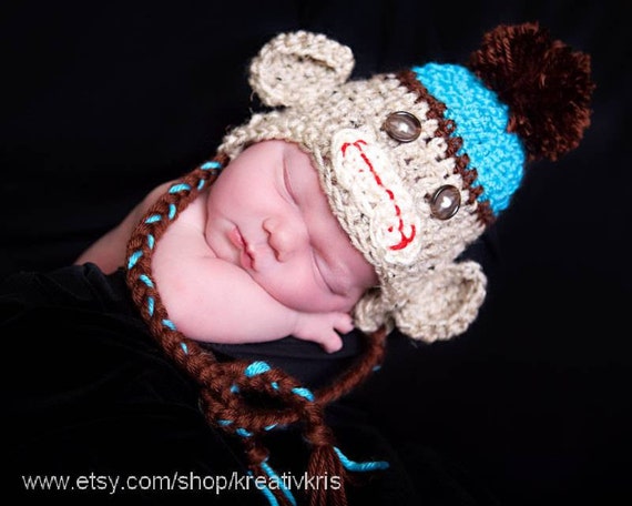 Blue/Brown Sock Monkey Earflap Baby Cap 0-3 months