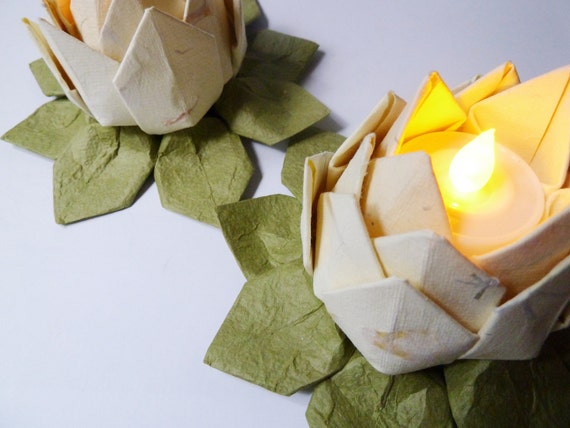 Origami Lotus Lanterns- set of 5 natural paper LED candle holders, gift boxed, free US shipping
