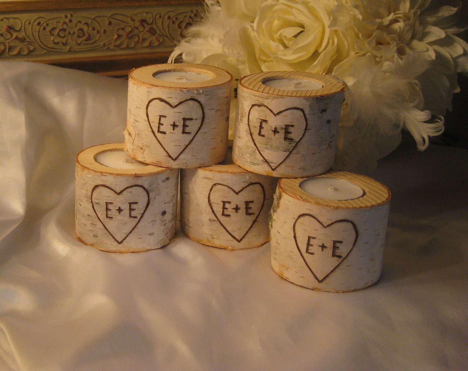5 - 2" Personalized Birch Candle Holders for Weddings Bridal Showers Garden Party Centerpiece Candles