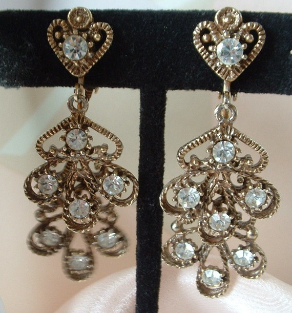 rhinestone Earrings vintage Rhinestone Brass chandelier Vintage  earrings  Filligree Chandelier Dangle  Drop