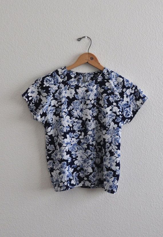 SALE Vintage Blue and White Floral Blouse by victoriousyouth