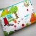 Padded Zip Pouch Purse Gadget coin case - WOODLANDS squirrels birds trees- red greens blue white