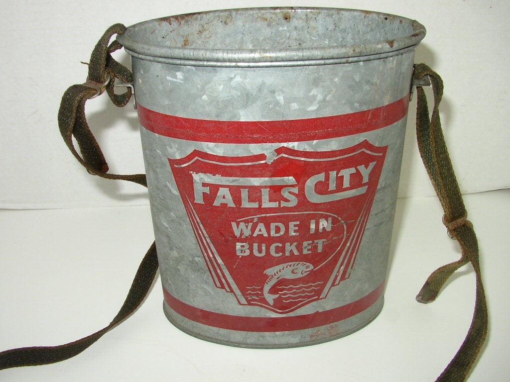 Vintage Bait Bucket Falls City Minnow Pail with Strap