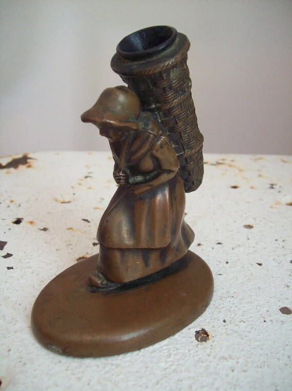Antique bronze inkwell pen holder peasant woman with a basket