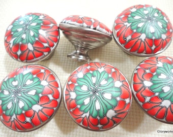 Cabinet Knobs Pulls 8 Orange and Green Decorative knobs Handmade Unique Polymer Clay over Metal Knob