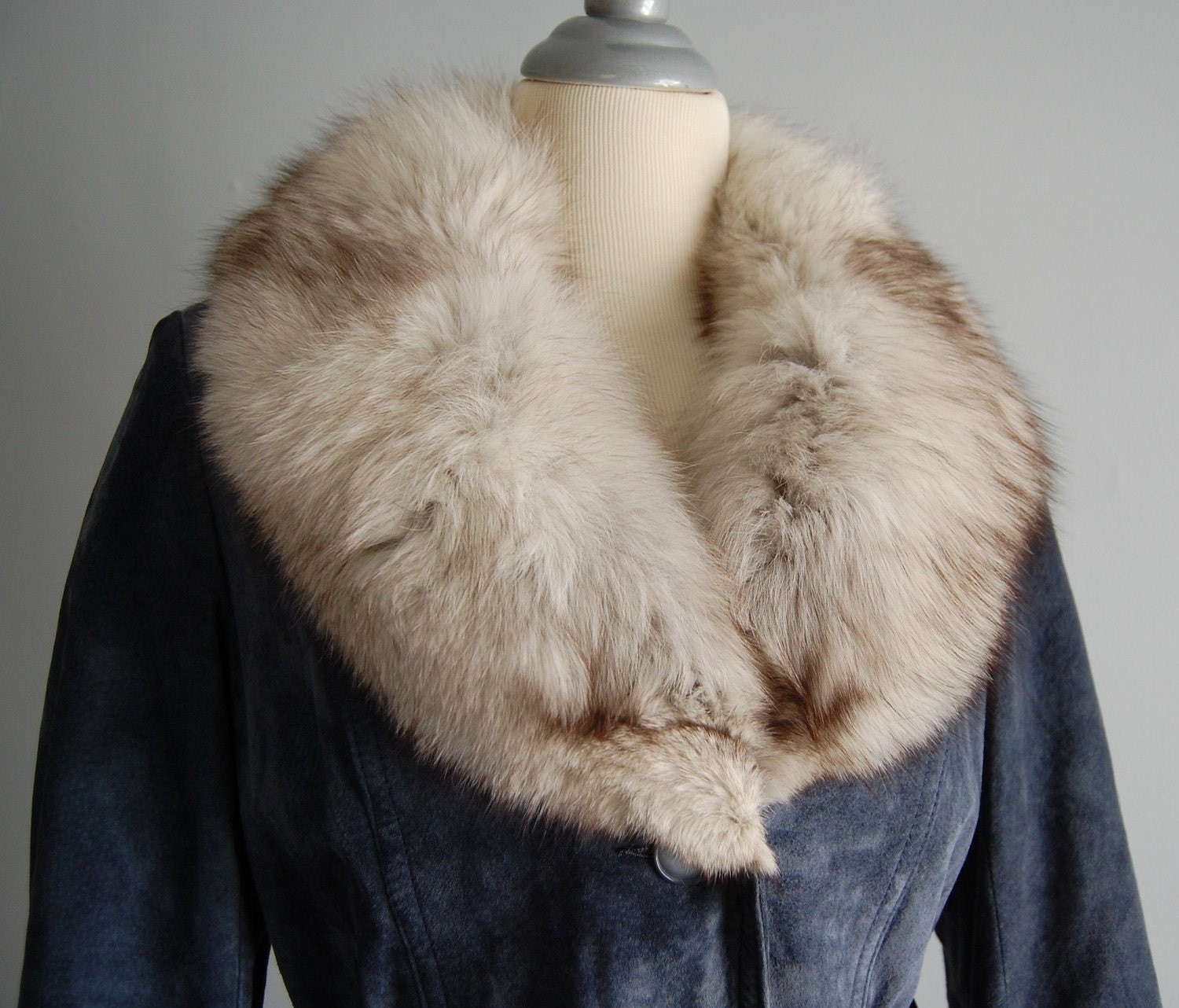 70s FOX TAIL FUR periwinkle blue suede trench coat