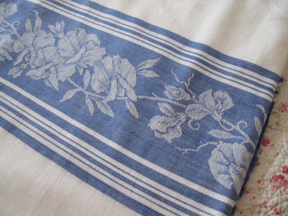 Vintage Damask Tablecloth Fabric Jacquard Floral Blue White