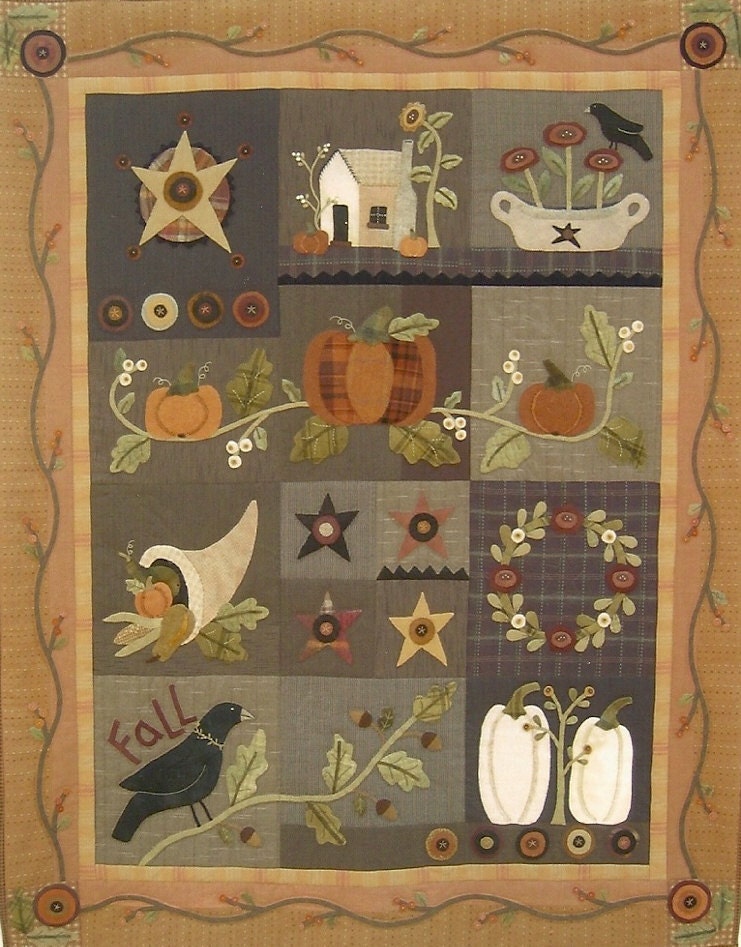 Primitive Folk Art Wool Applique Quilt Pattern By PrimFolkArtShop