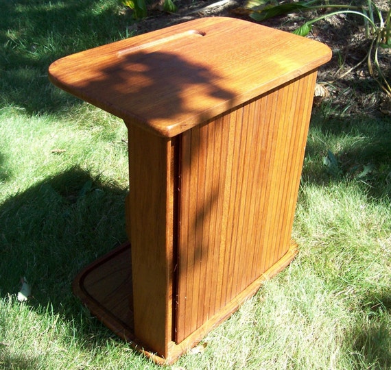 Vintage Teak Wood Roll Top Desk Organizer Danish Modern