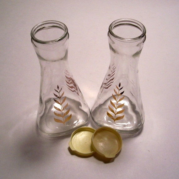 Vintage Good Seasons Glass Bottle Cruet Set of 2 Gold Leaf