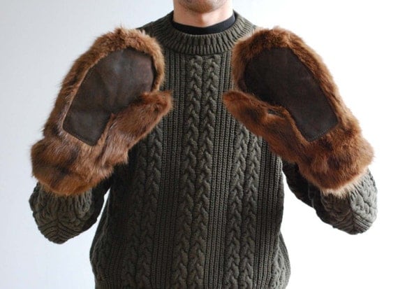 Mens FUR and Leather Mittens Canadian Inuit BONE Button