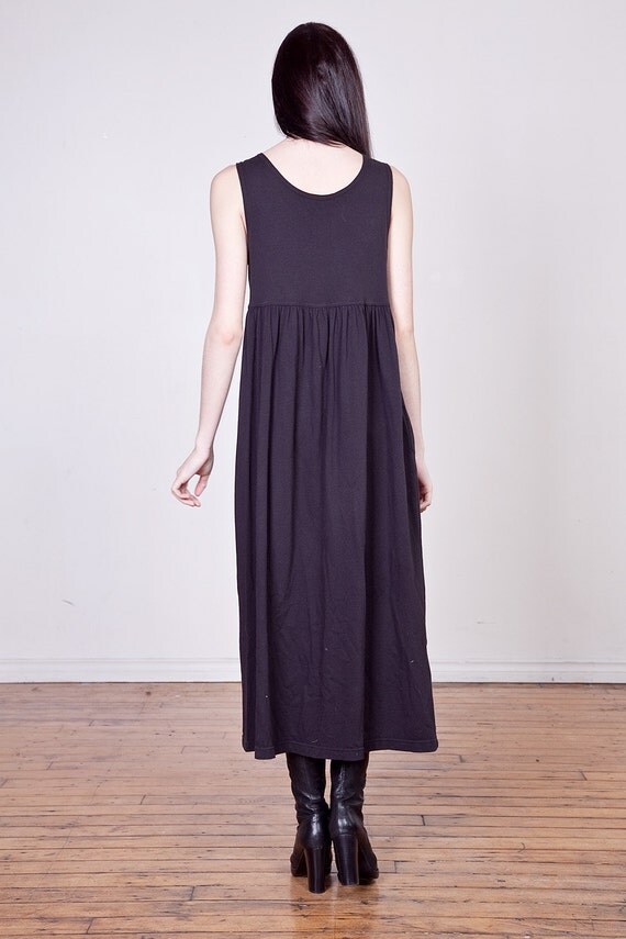 90s Black Cotton Empire Waist Button Down Maxi Dress