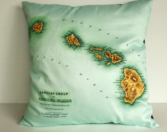 Pillow cover, map cushion, pillow, eco friendly Organic cotton vintage map of Hawaii, 16 inch pillow 41cm
