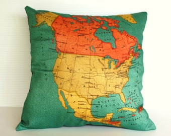 cushion cover, pillow NORTH AMERICA Organic cotton map cushion, throw pillow map pillow Decorative pillow 16 x 16 pillow, vintage map