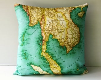 Second anniversary gift cotton, Pillow cover 16x16 map cushion, THAILAND map organic cotton, map pillow, throw cushion, cushion cover