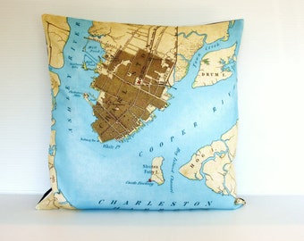 Map cushion cover pillow city maps CHARLESTON map cushion, map pillow organic cotton 16 inch cushion
