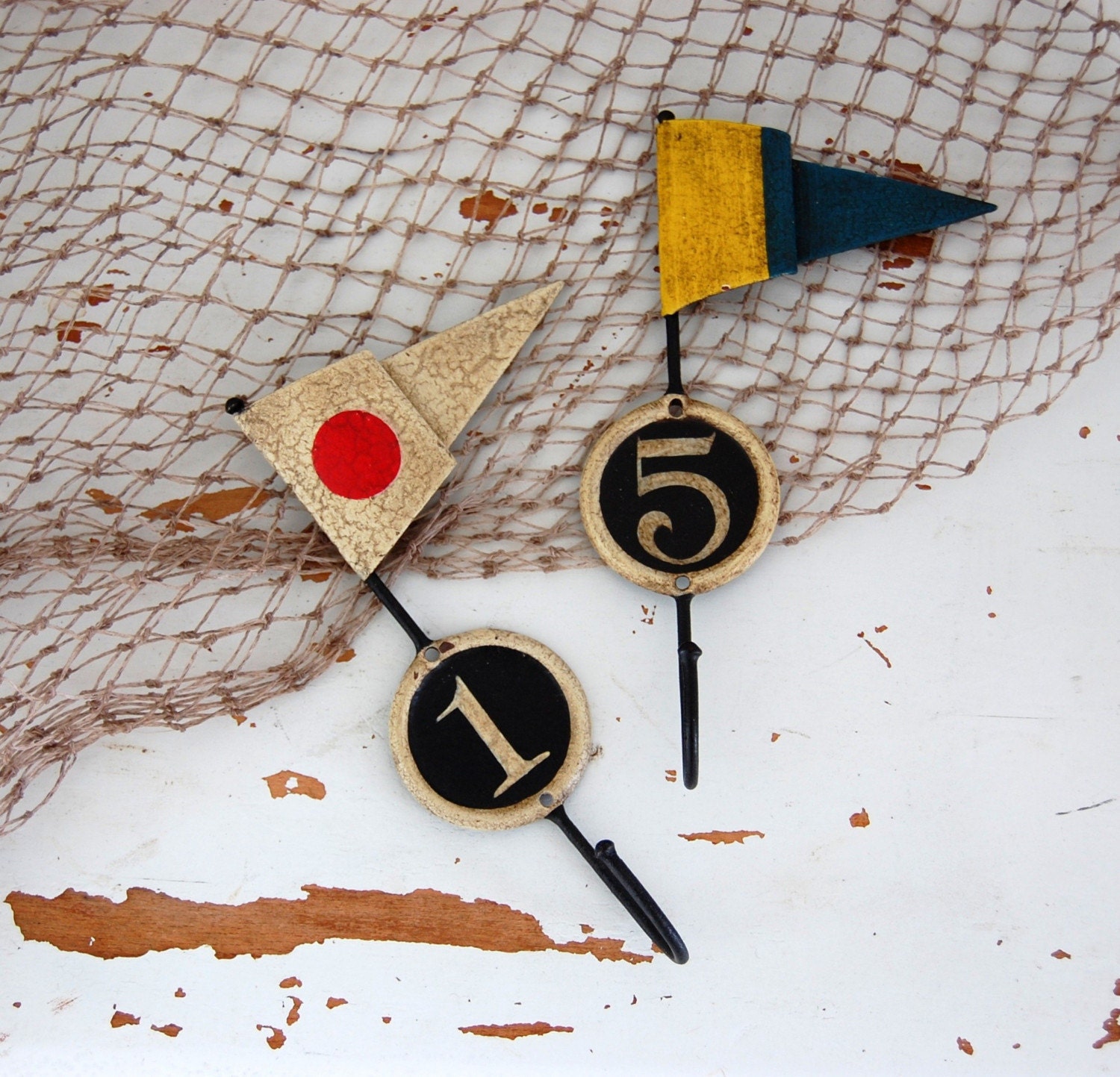 Vintage Metal Flag Hooks Nautical Sail boat Wall Hanging with