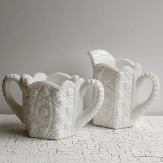 Vintage Pressed Milk Glass Creamer and Sugar Bowl