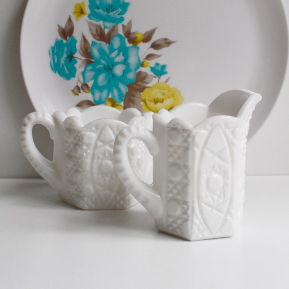 Vintage Pressed Milk Glass Creamer and Sugar Bowl