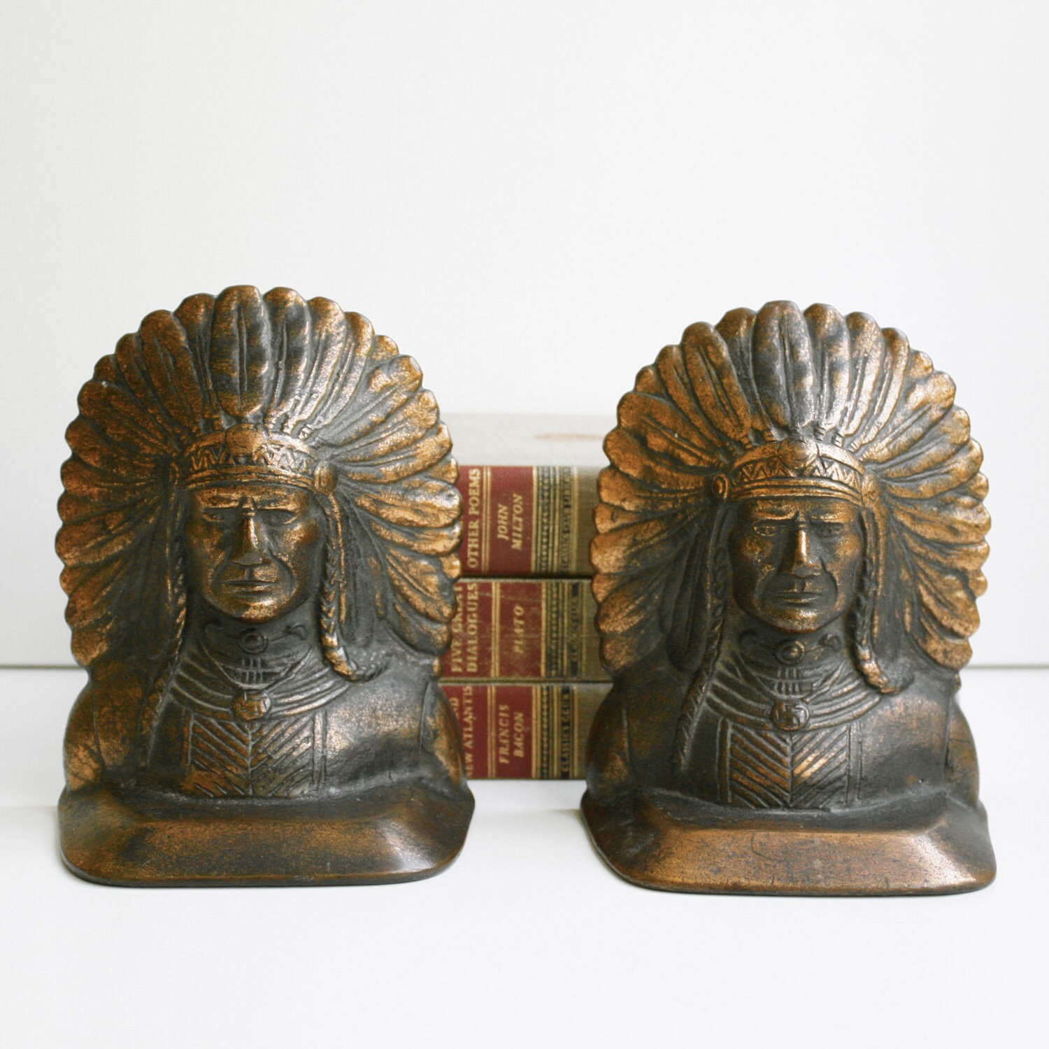 Vintage Cast Bronze Indian Head Bookends Copper Finish