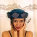 Vintage 1960s Teal Blue Wool & Purple Satin Hat with Veil, Voguemont
