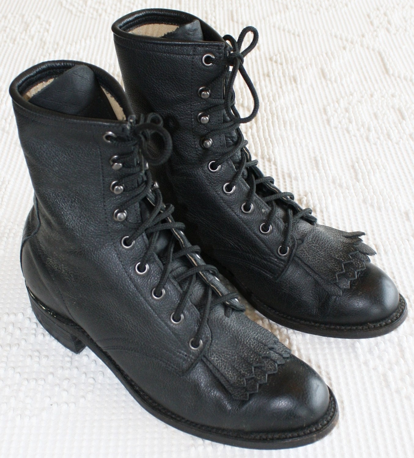 Vintage BRAHMA Leather FRINGE Boots Black Ropers Lace Up