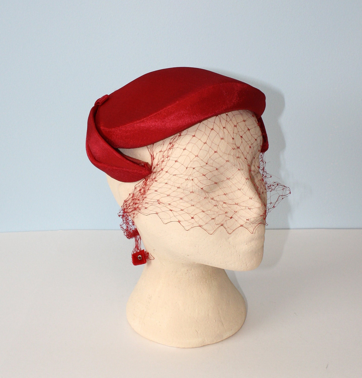 1950s Hat  RED Satin Pillbox Hat  Vintage Red Headband Hat