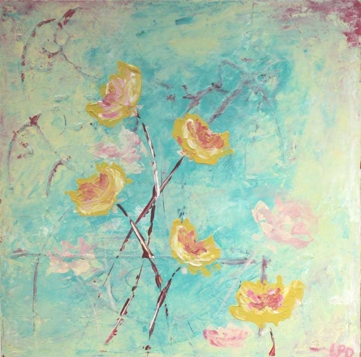 Abstract Flower Painting Blue and Flowers 16 x 16