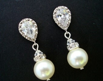 bridal earrings, Pearl wedding earrings, pearl rhinestone Earrings, Bridal stud Earrings, swarovski pearl Earrings, cubic zirconia, AUDREY