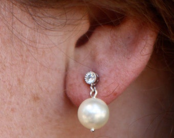 White Swarovski Pearl, Bridal Rhinestone Earrings, Bridal Pearl Earrings,Pearl Rhinestone Earrings,Bridal Stud Earrings,Silver, Pearl, EVITA
