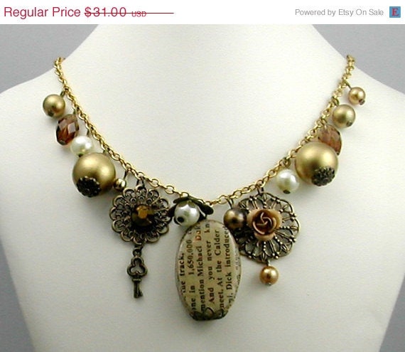 SALE Newspaper Bead Victorian Charm Necklace by CrofootDesigns