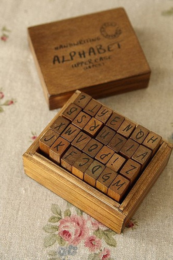 Rubber Alphabet Stamp Set it Cute Wooden BoxAntique