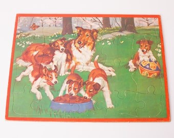 Collie Dog & Puppies Tray Puzzle, Vintage 50s, Lassie Breed Canine, Educational Toy
