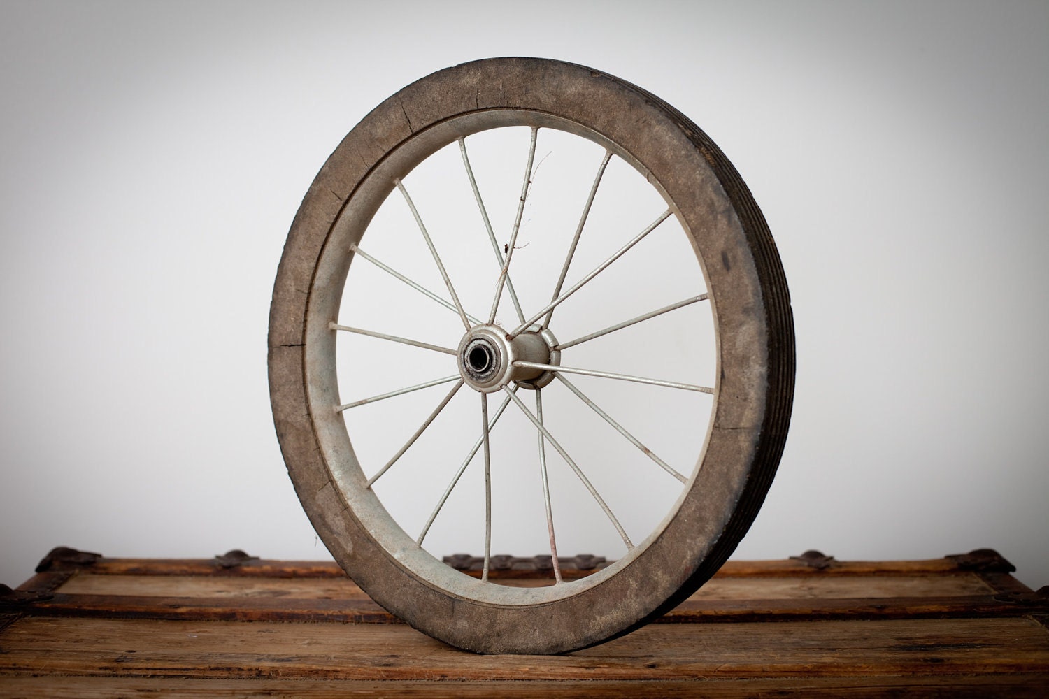 Vintage Rustic 16 Wheel Solid Rubber Tire Metal Spokes